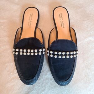 Badgley Mischka Navy Glitter Pearl embellished mule shoes size 7.5